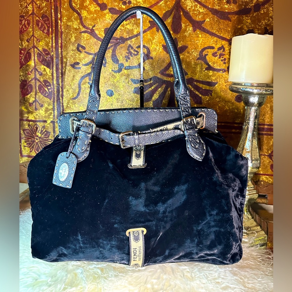 Rare Black Fendi Selleria Villa Borghese Tote Velvet Large